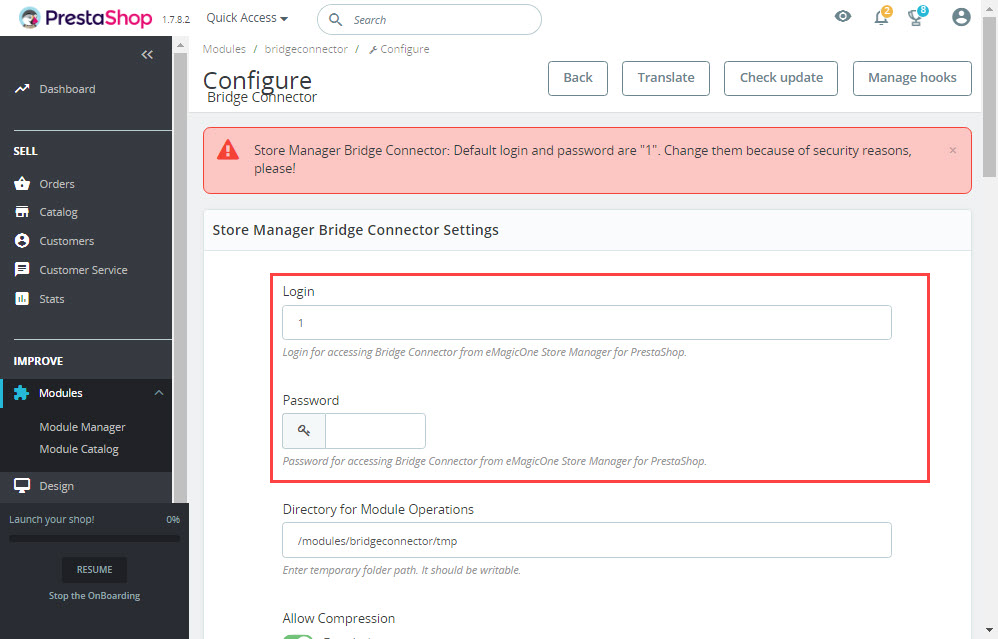 PrestaShop Store Manager Bridge Connector Access Settings Setup