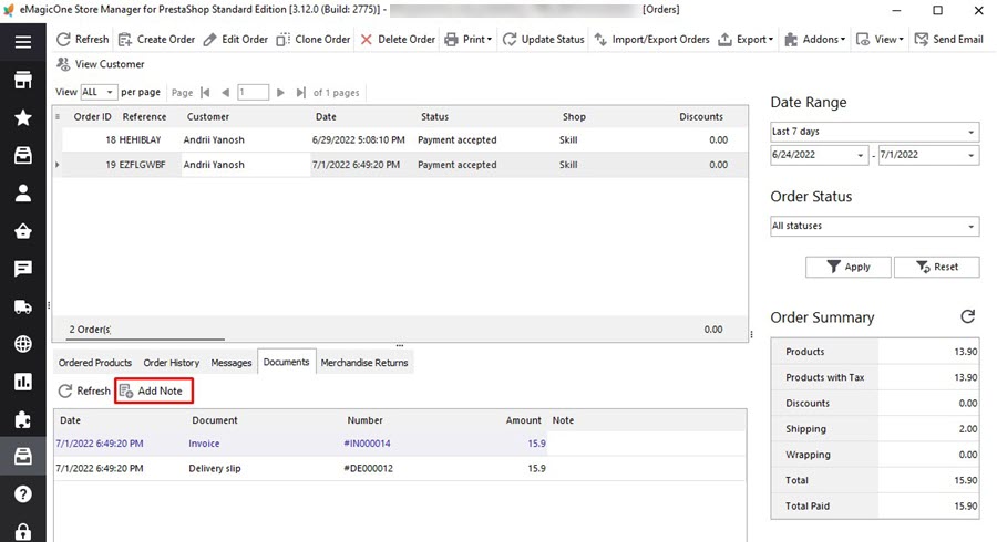 PrestaShop Store Manager Orders Documents Add Note