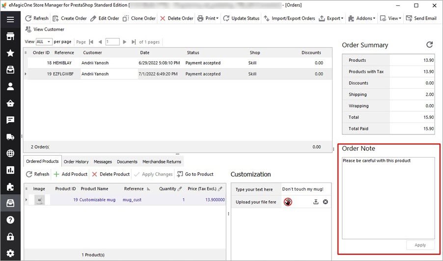 PrestaShop Store Manager Orders Note Add
