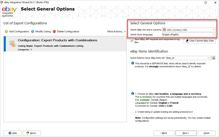 PrestaShop Store Manager eBay Combinations Export General Opciones