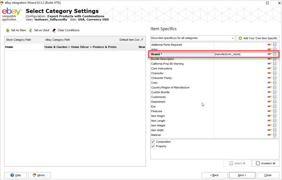 PrestaShop Store Manager eBay Combinations Export Item Specifics