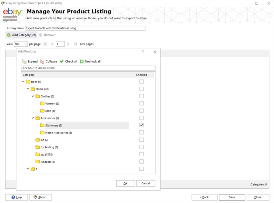 PrestaShop Store Manager eBay Combinations Export New Configuration Select Categories