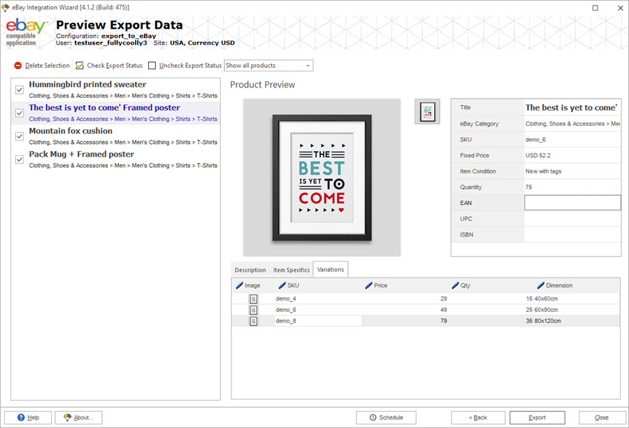 PrestaShop Store Manager Combinaciones de eBay Exportar vista previa