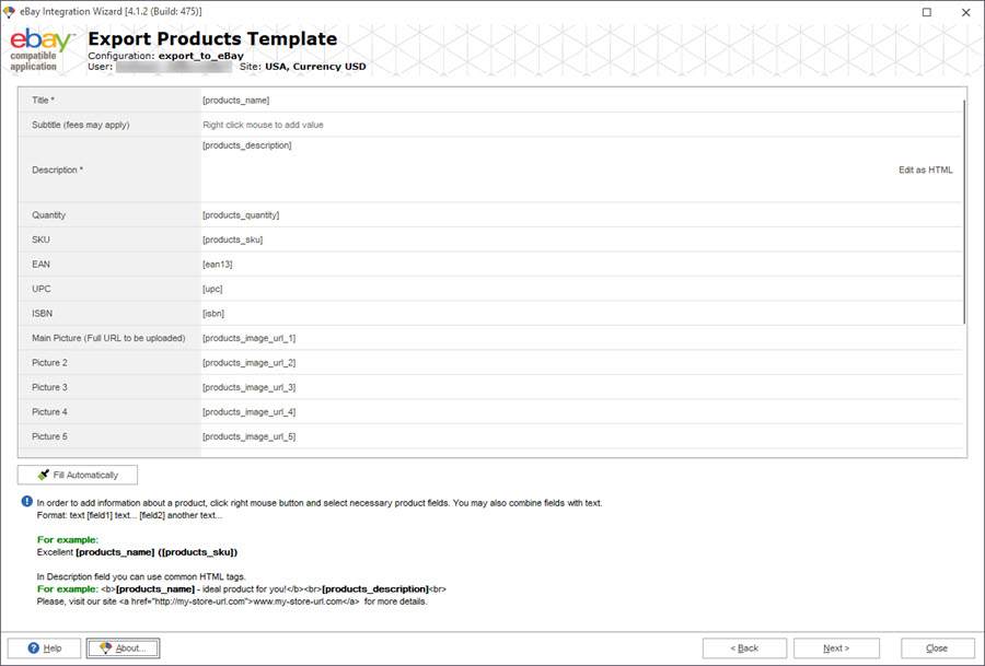 Plantilla de exportación de combinaciones de PrestaShop Store Manager eBay