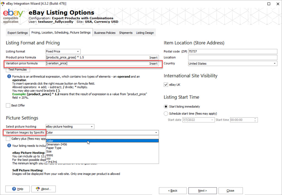 Configuración de variaciones de exportación de PrestaShop Store Manager eBay