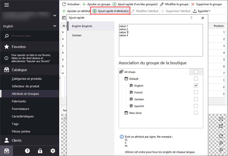 Quick Add New PrestaShop Attribute Values in eMagicOne Store Manager
