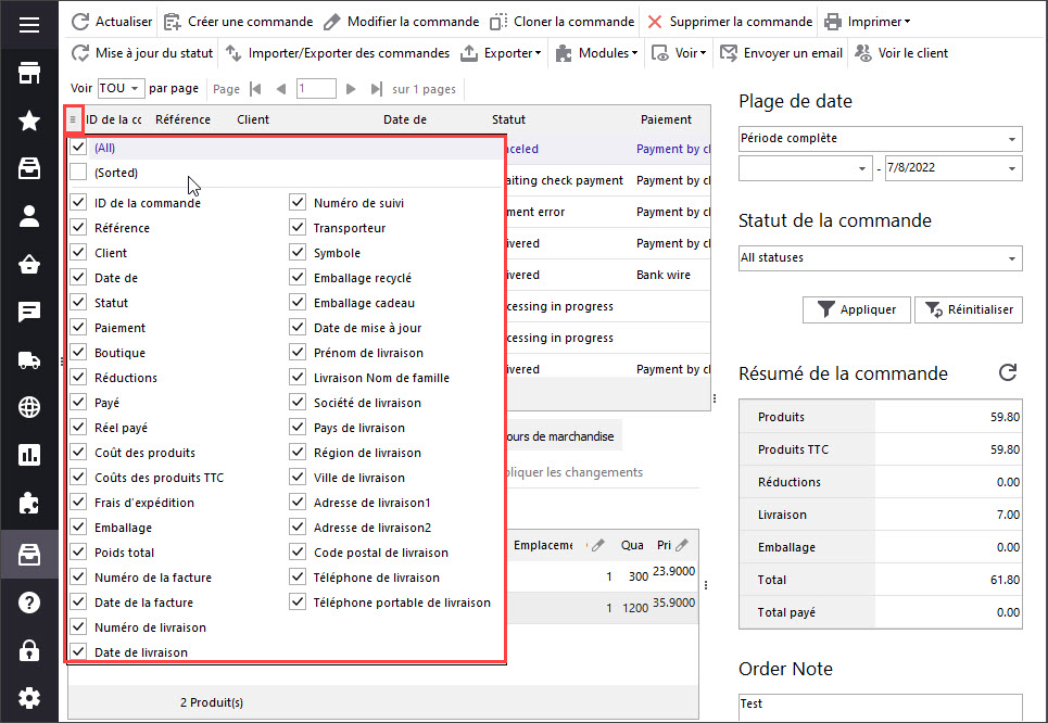 Select Fields for Orders Export