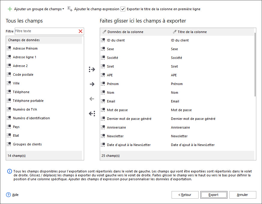 Select Fields to Export Customers Data