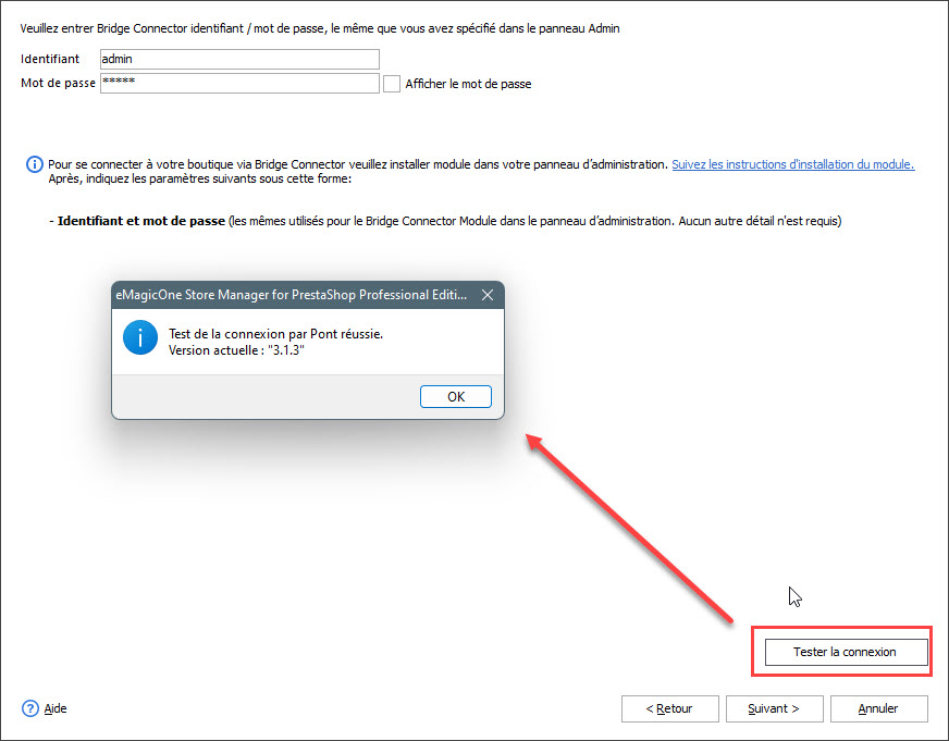 Test Bridge Connector Settings in PrestaShop Store Manager