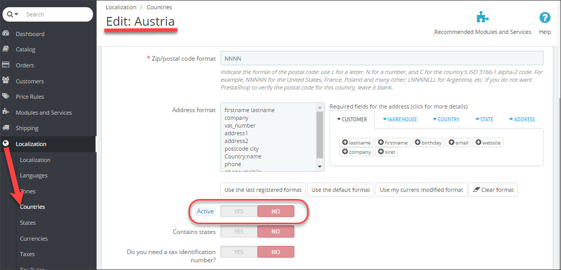 Enable Country In Prestashop Admin
