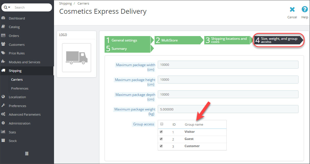 Prestashop Carrier Customer Group Access