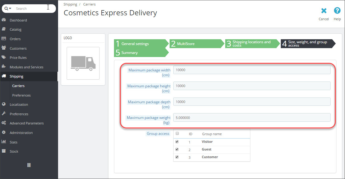 Prestashop Carrier Maximum Package Dimensions