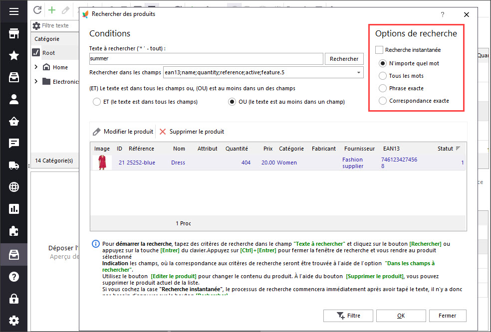 Adjust PrestaShop Product Search Options in Store Manager