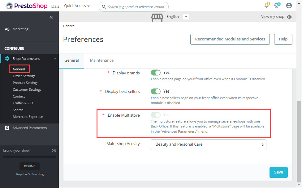 Enable PrestaShop Multistore