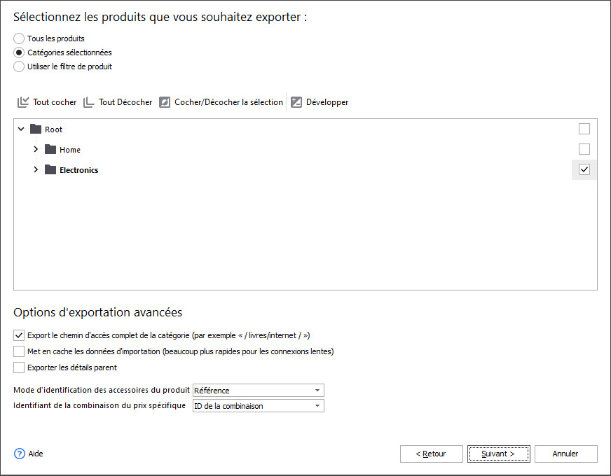 Export Options Step in PrestaShop Store Manager Export Wizard