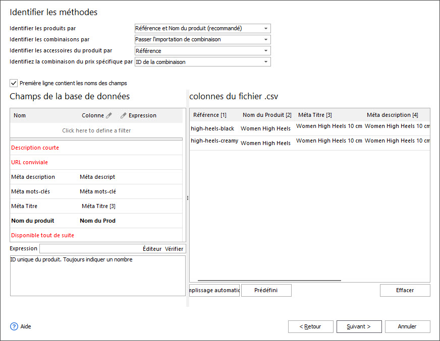 PrestaShop Products SEO Details Import Assign csv Columns Step
