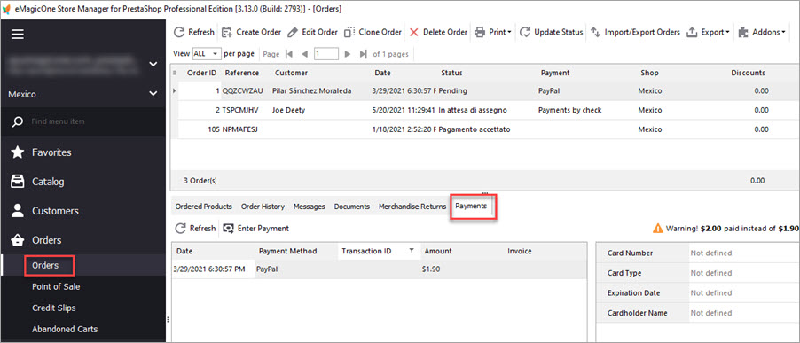 PrestaShop Store Manager Orders Payments