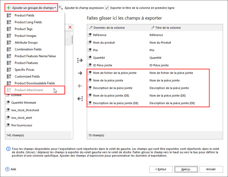 Select Fields to be Exported in Export Wizard
