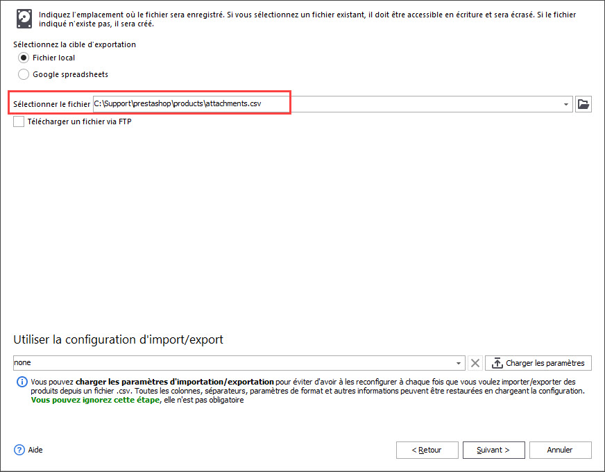 Select File for Product Attachments Export with Store Manager