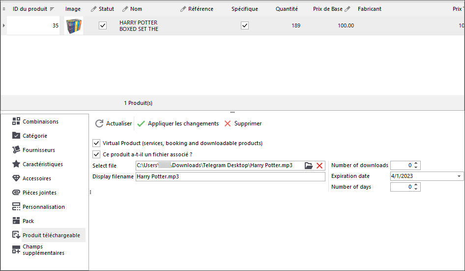 Upload PrestaShop Downloadable Product File in The Lower Grid