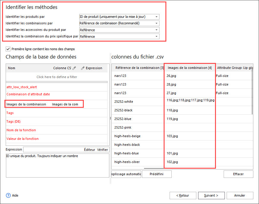 PrestaShop Attribute Combinations Map csv Columns with Database Fields During Import