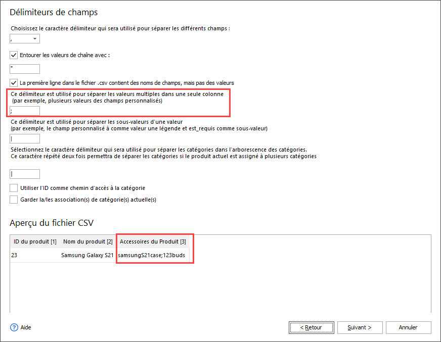 Select Fields Delimiters During Accessories Import