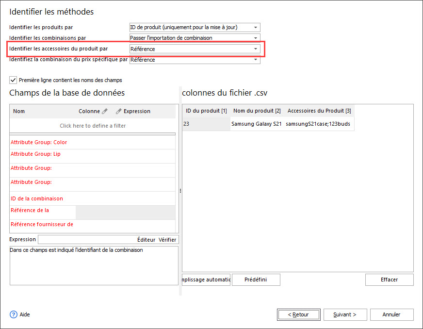 Select Identifier for Products Accessories Import