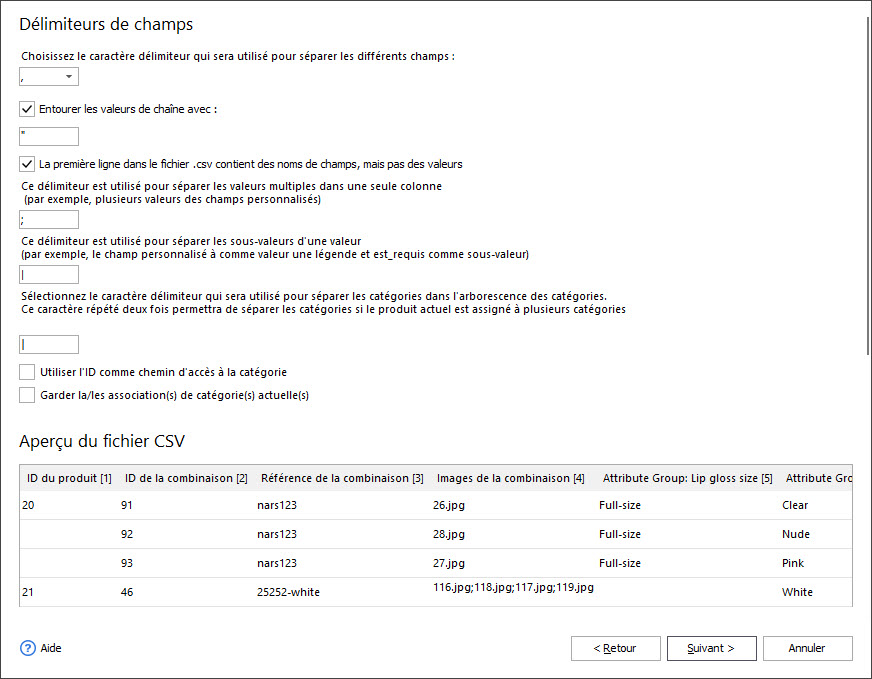 Set Delimiters and Quote Characters on Import Wizard for PrestaShop Combinations Import