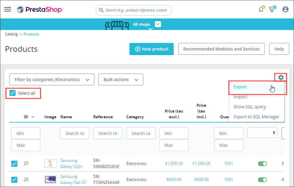 Export Prestashop Products by Category Backend