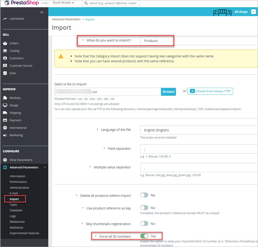 PrestaShop Import Products Force IDs
