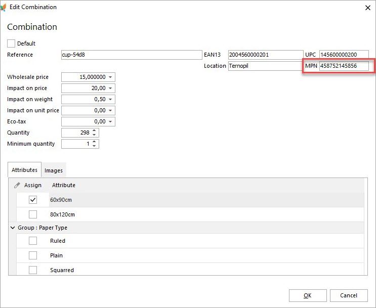 PrestaShop Store Manager Combinations MPN Field
