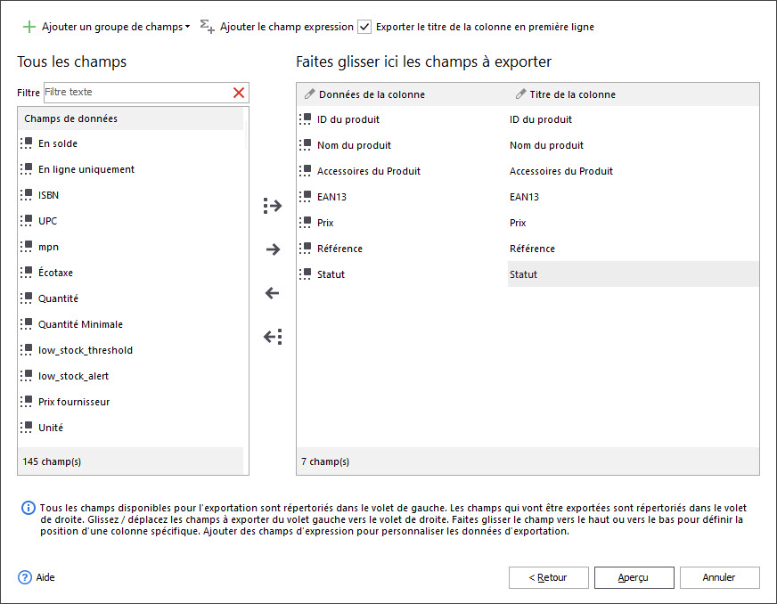 Select Fields for Export with Store Manager