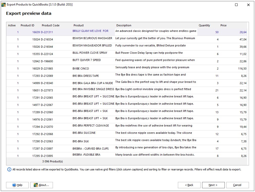 Product Export Preview Data Window
