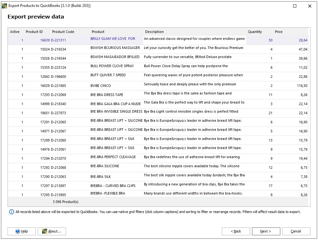 Product Export Preview Data Window Product Export Preview Data Window
