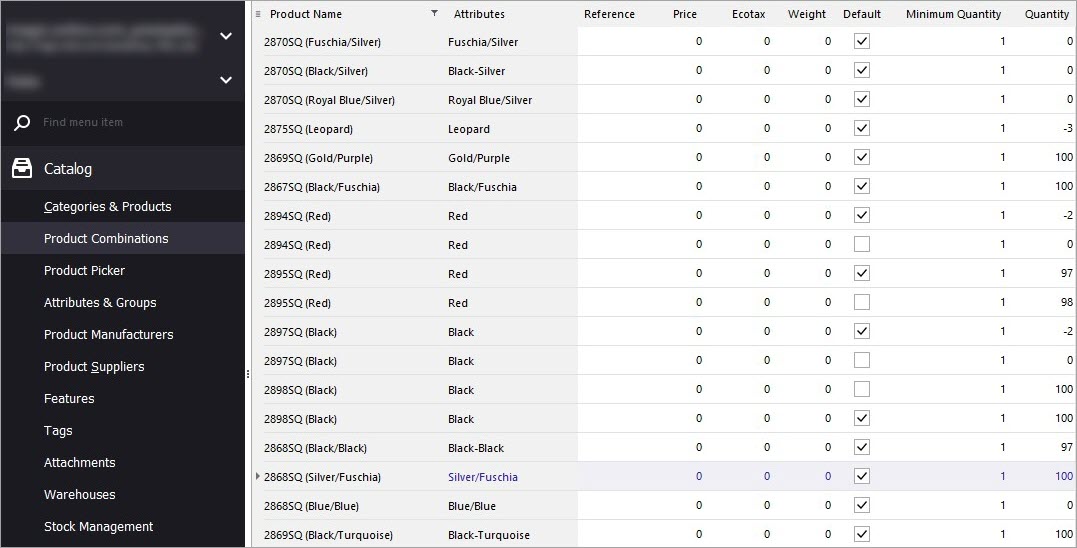 Product Combinations Tab in PrestaShop Manager
