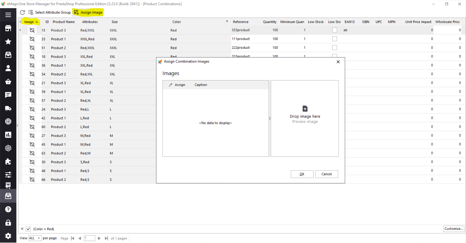 How to add images to the filtered PrestaShop products by color or size