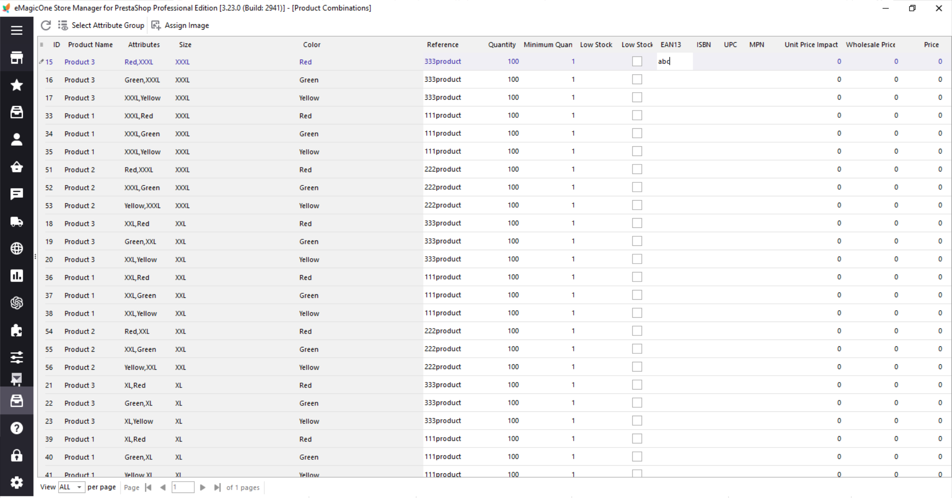 How to edit PrestaShop combination quantity, price, EAN, MPN, UPC ISBN or Unit price impact right in the grid
