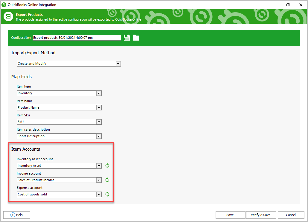 Item Accounts Settings for PrestaShop Product Export to QuickBooks