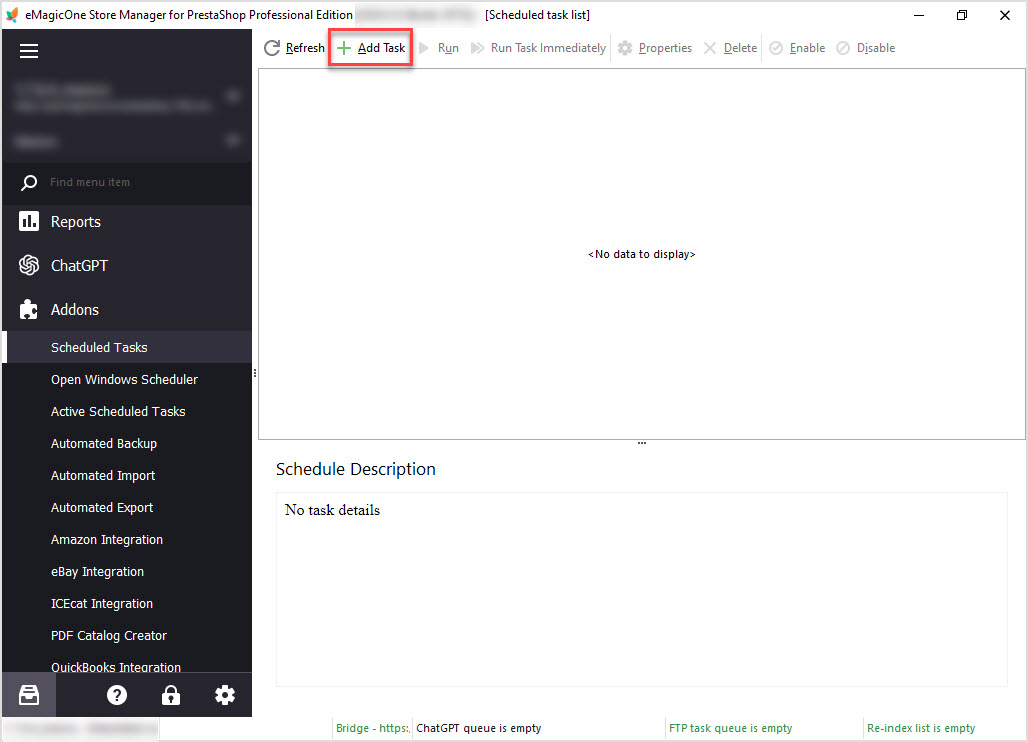 Add Task Button in the eBay Addon for Scheduled PrestaShop Orders Import