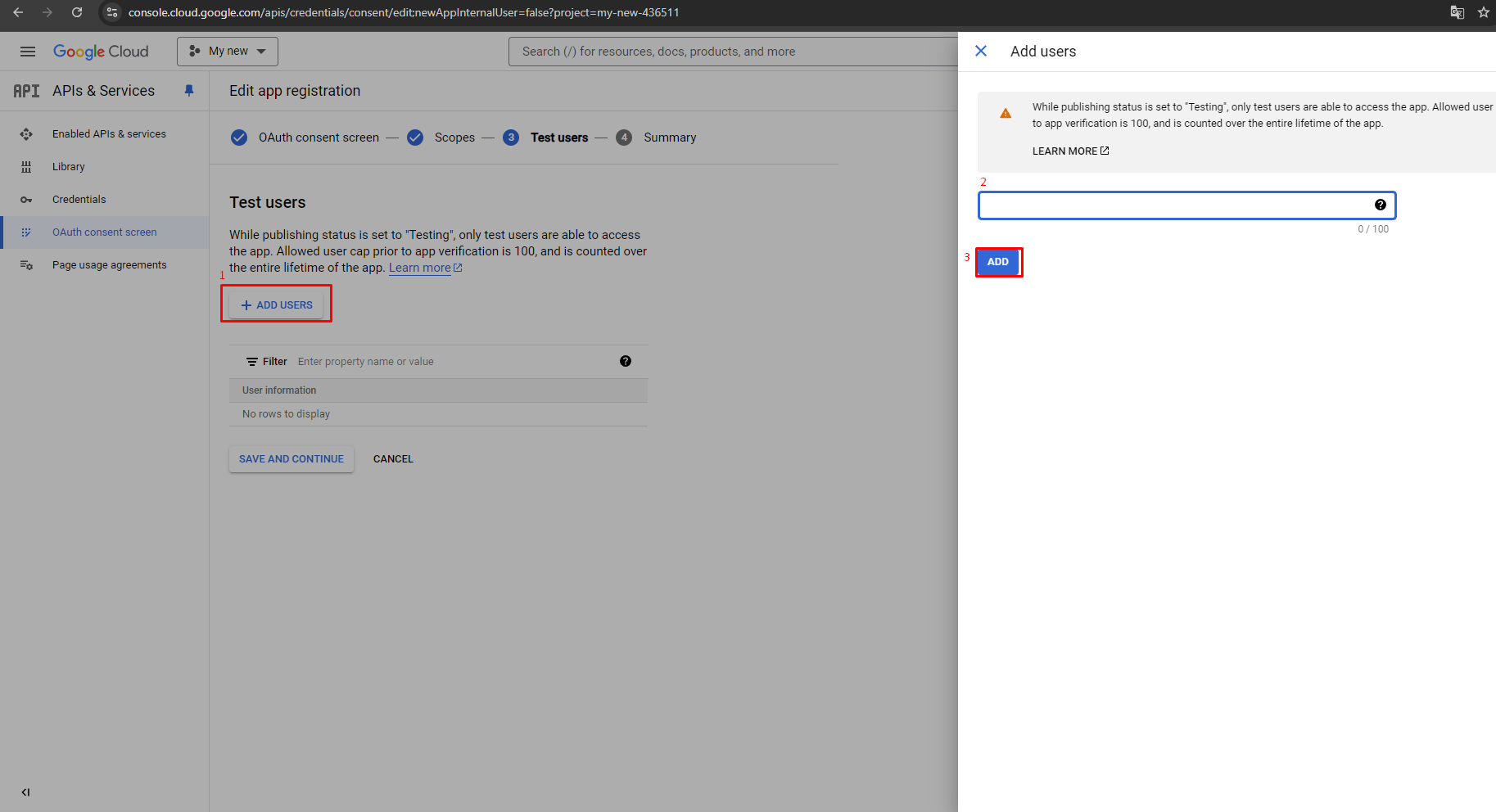 Generate Google API keys for Store Manager for PrestaShop, Add a new test user.