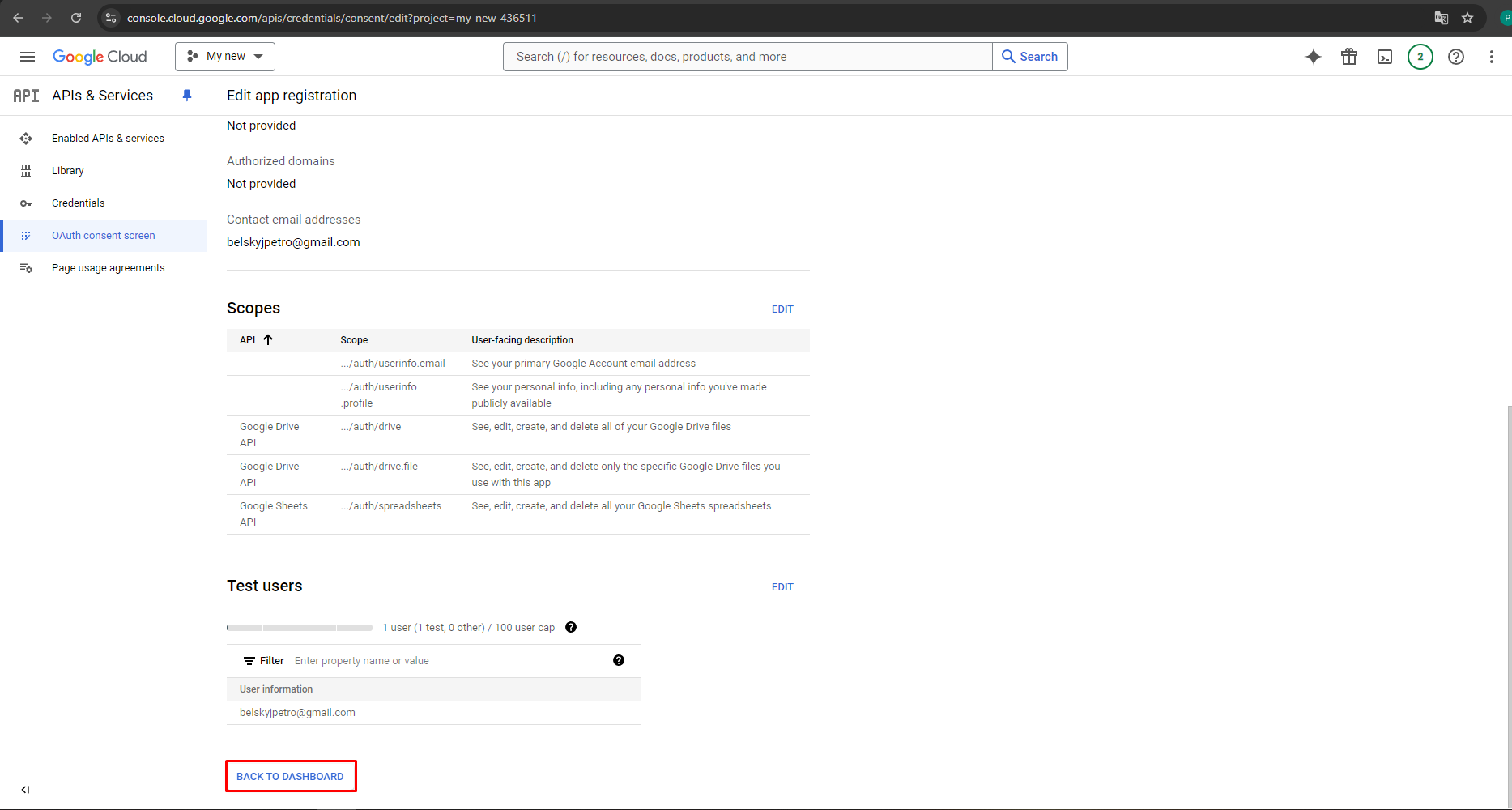 Generate Google API keys for Store Manager for PrestaShop, check all settings and hit Back to dashboard.