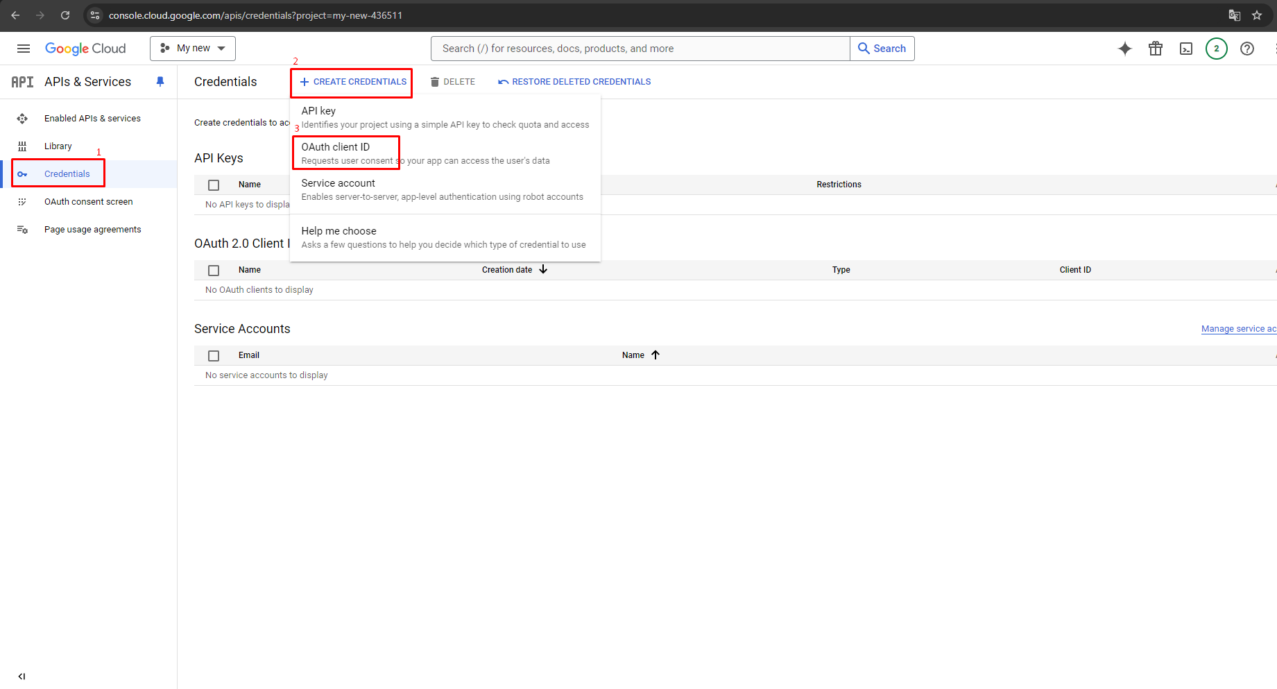 Generate Google API keys for Store Manager for PrestaShop, choose Credentials.