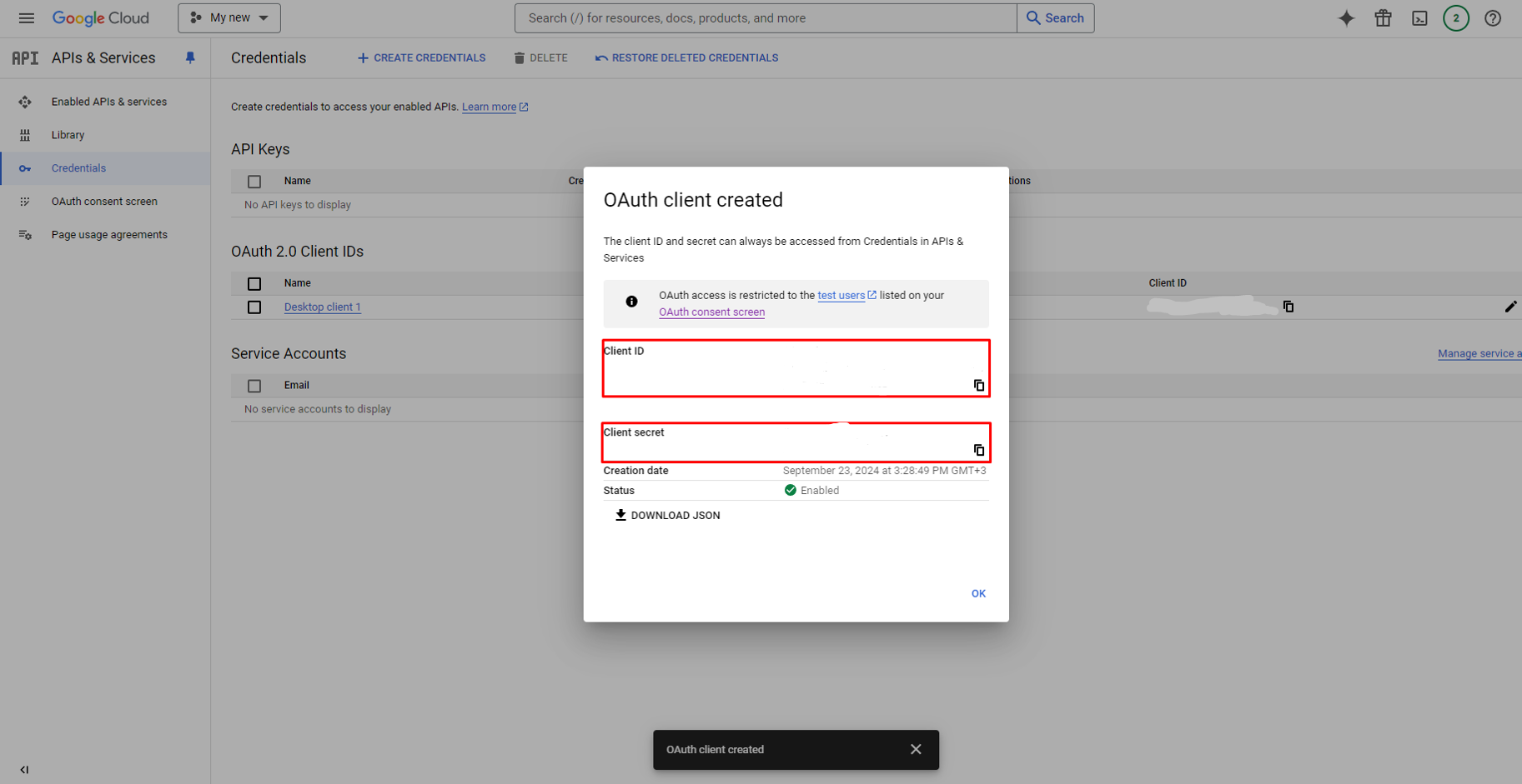 Generate Google API keys for Store Manager for PrestaShop, You have your new Cliend ID and Client secret.