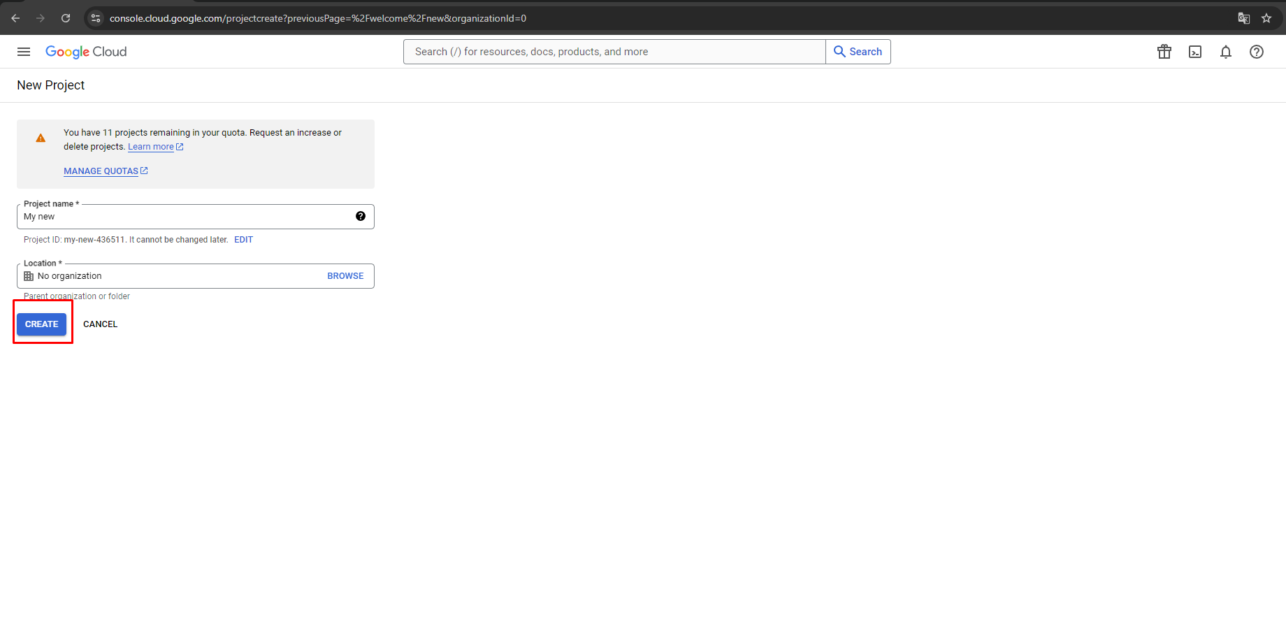 Generate Google API keys for Store Manager for PrestaShop, Specify Project name, organization name and hit Create