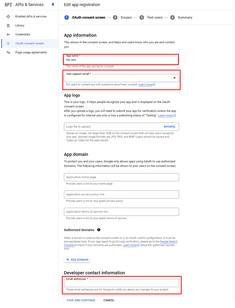 Generate Google API keys for Store Manager for PrestaShop, Fill in all required fields to create your App.