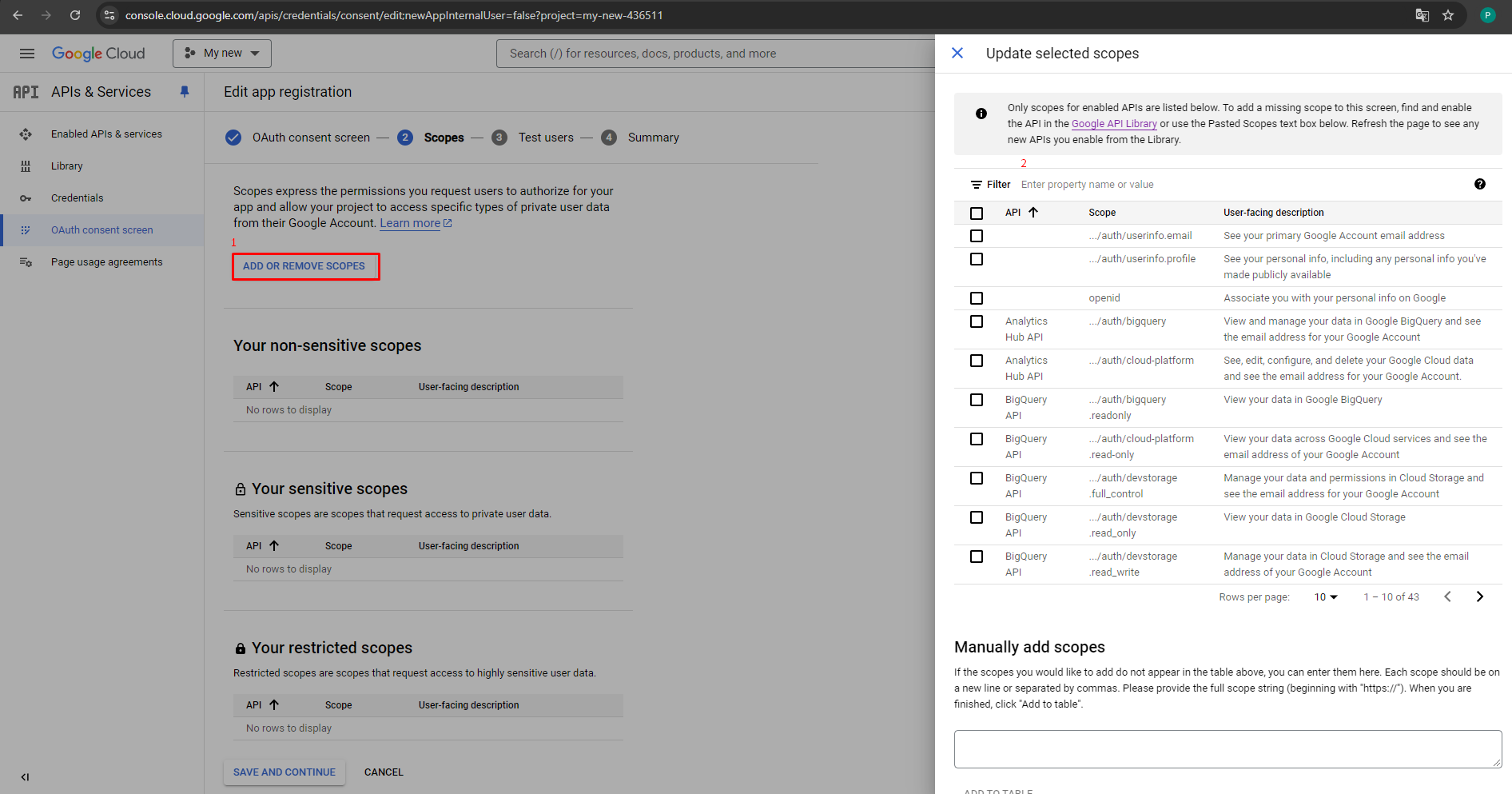 Generate Google API keys for Store Manager for PrestaShop, Update your scopes (app access).