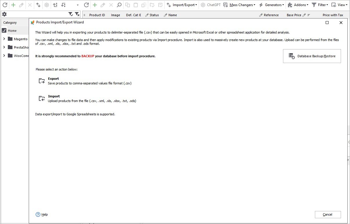 Export Import Wizard in Store Manager for PrestaShop for Google Drive Sync