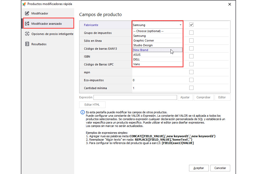 Add Brand Manufacturer for Selected PrestaShop Products with Mass Product Changer