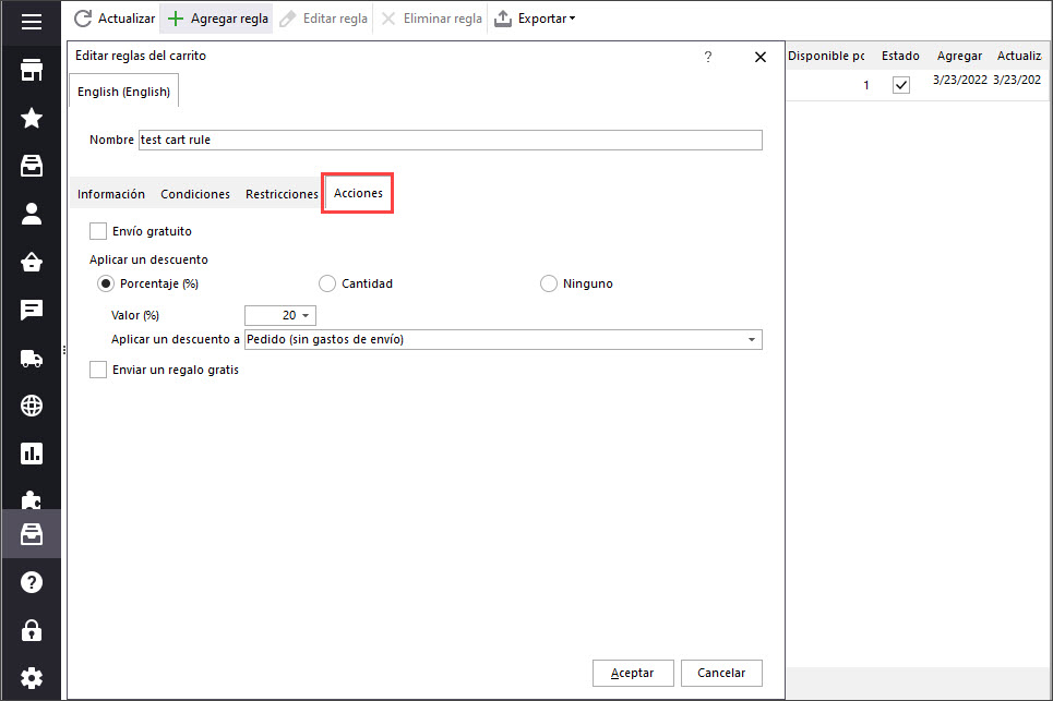 Add PrestaShop Cart Rules with eMagicOne Store Manager Actions Tab