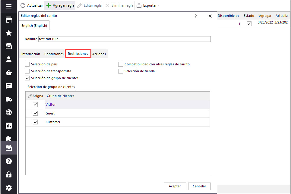 Add PrestaShop Cart Rules with eMagicOne Store Manager Restrictions Tab